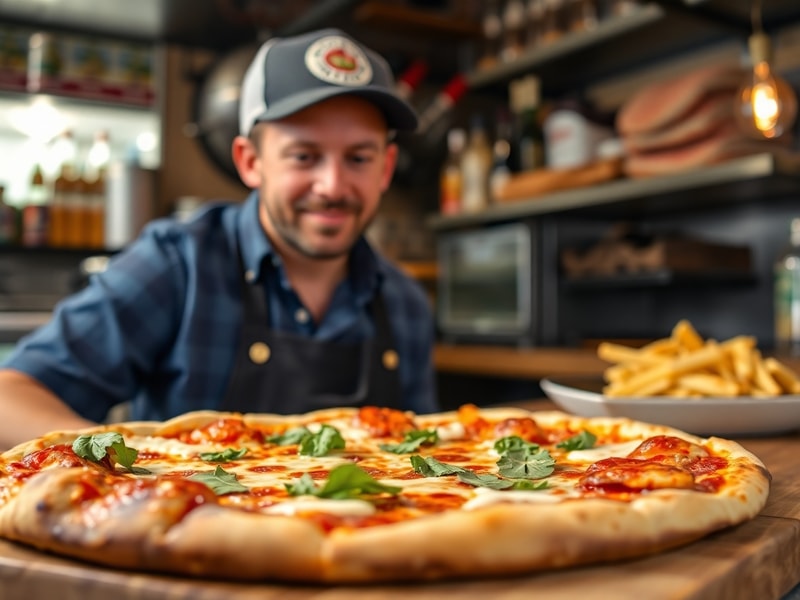 Une pizza artisanale aux garnitures fraîches, spécialité de Doujecla Food.