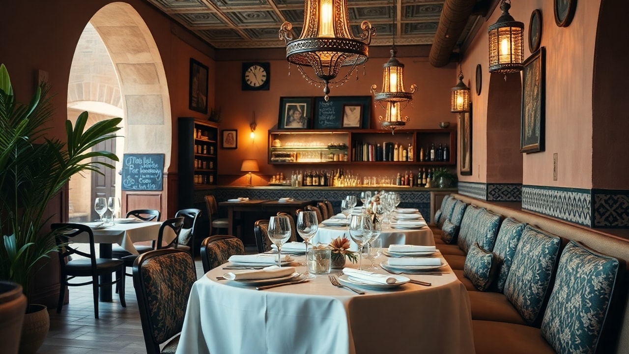 Une table élégamment dressée dans un restaurant moderne à Marrakech, reflétant l'ambiance de Doujecla Food.